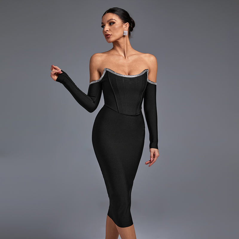 Black Off Shoulder Long Sleeve Rhinestone Midi Bandage Dress PP21120601