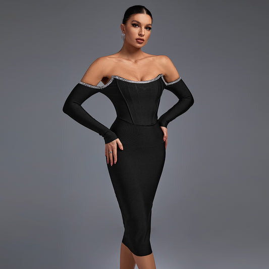 Black Off Shoulder Long Sleeve Rhinestone Midi Bandage Dress PP21120601