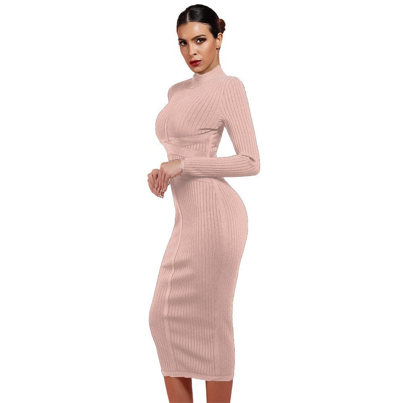 Round Neck Long Sleeve Striped Over Knee Bandage Dress PF1201 28 in wolddress
