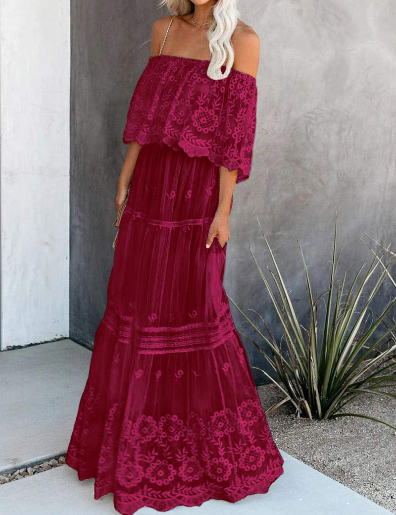 Off Shoulder Short Sleeve Floral Lace Bridesmaid Maxi Dress TJ611313