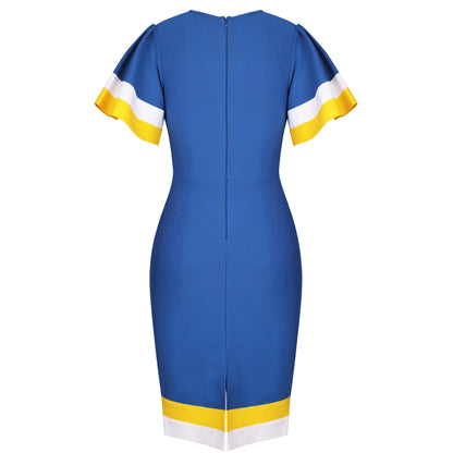 Blue V Neck Short Sleeve Frill Over Knee Bandage Dress PP091911