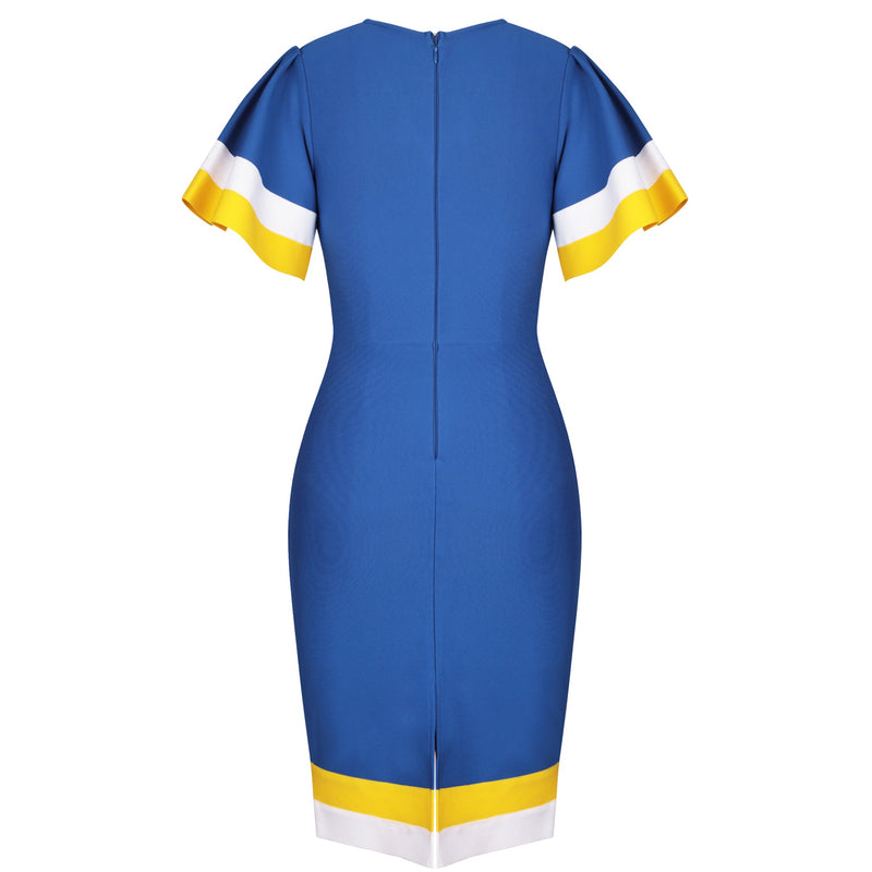 Blue V Neck Short Sleeve Frill Over Knee Bandage Dress PP091911