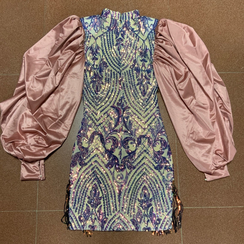Puff Sleeve Sequined&Tassels Mini Bodycon Dress HT2563