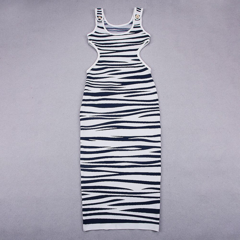 Strappy Sleeveless Zebra Stripes Midi Bandage Dress HL8635