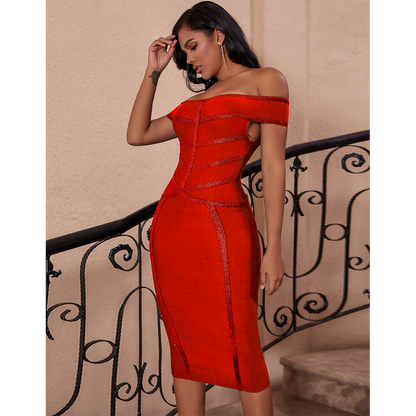 Off Shoulder Stripes Over Knee Bandage Dress PP19303 5 in wolddress