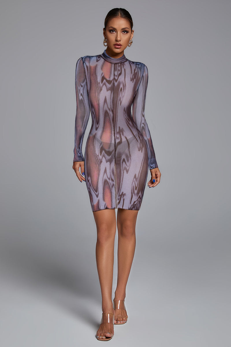 Pattern High Collar Long Sleeve Mini Dress FP210313