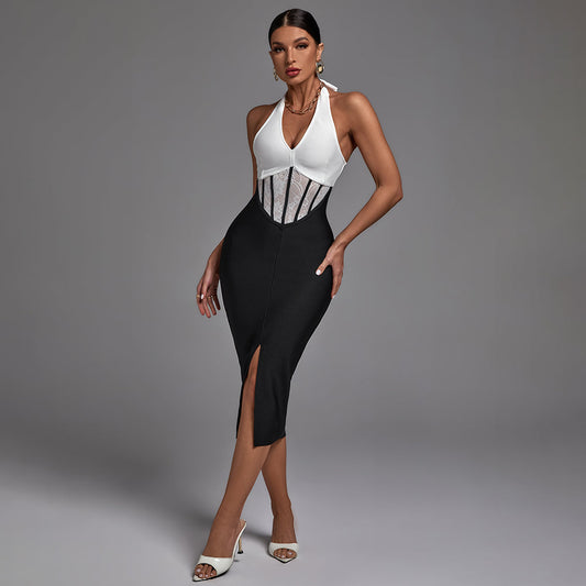 Halter Sleeveless Striped Midi Bandage Dress PP21121601