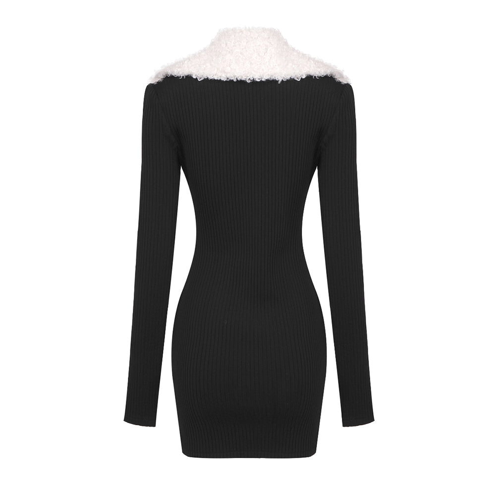 Semi-High Collar Fur Collar Mini Bandage Dress BD2493