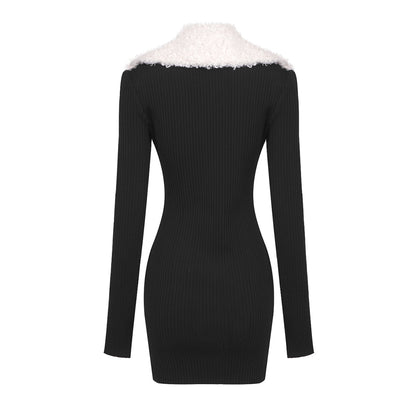 Semi-High Collar Fur Collar Mini Bandage Dress BD2493