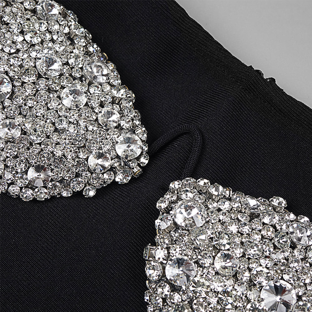 Off Shoulder Long Sleeve Rhinestone Mini Bandage Dress BD2498