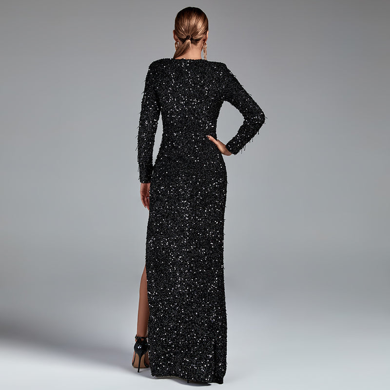 V Neck Long Sleeve Sequined Maxi Prom Dress HT2561