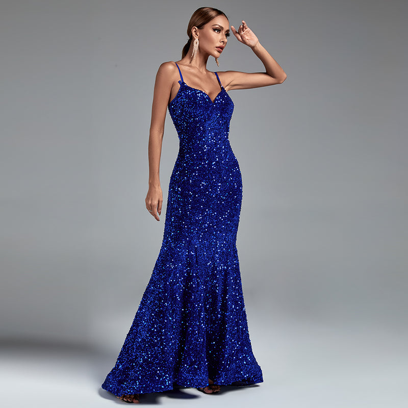 Strappy Sleeveless Sequined Maxi Prom Dress HT2409