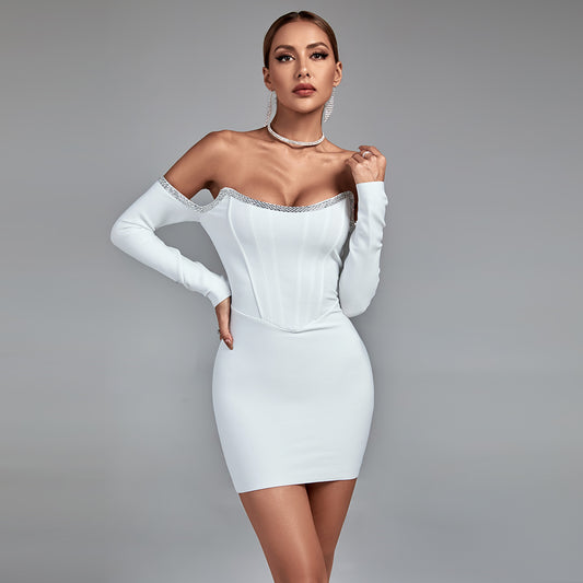 Off Shoulder Long Sleeve Drill Chain Mini Bandage Dress PP20017