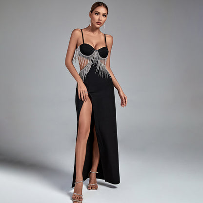 Black Strappy Sleeveless Drill Chain Maxi Bodycon Dress KLYF468