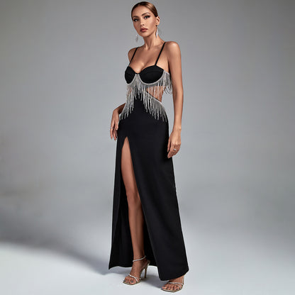 Black Strappy Sleeveless Drill Chain Maxi Bodycon Dress KLYF468