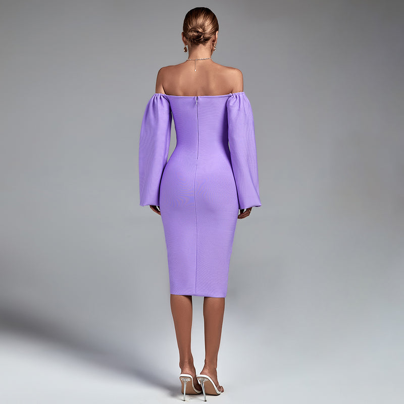 Purple Off Shoulder Long Sleeve Backless Midi Bandage Dress PP21814