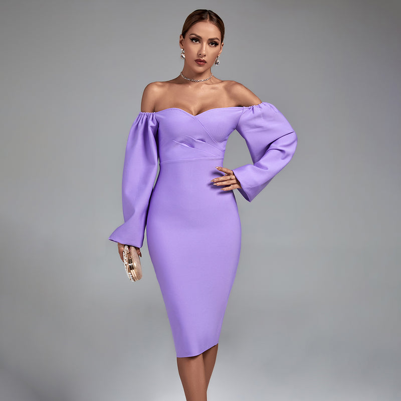 Purple Off Shoulder Long Sleeve Backless Midi Bandage Dress PP21814