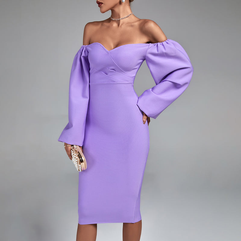 Purple Off Shoulder Long Sleeve Backless Midi Bandage Dress PP21814