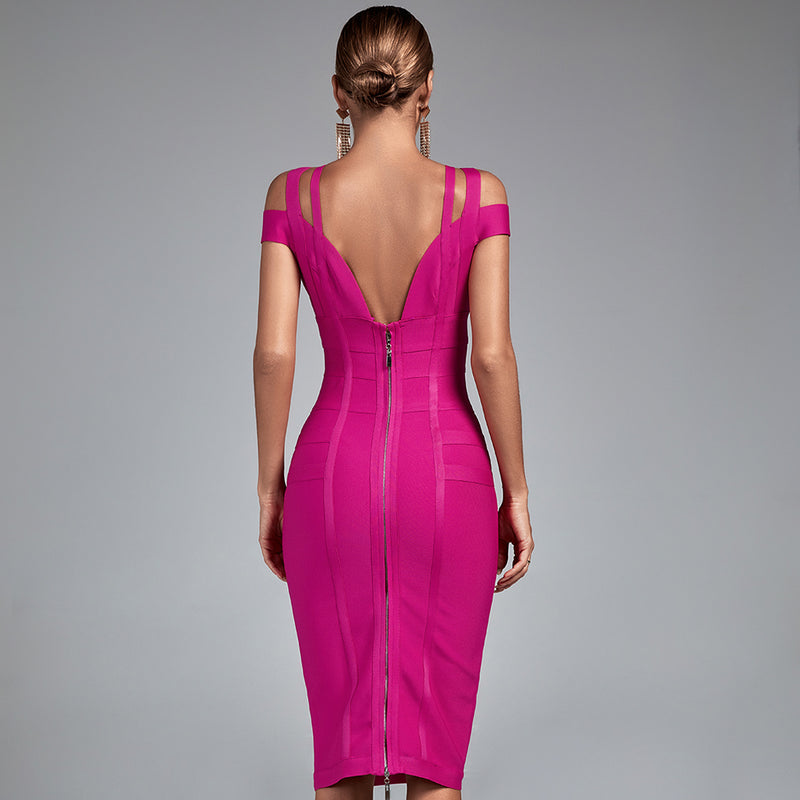 V Neck Short Sleeve Backless Midi Bandage Dress PPHK003