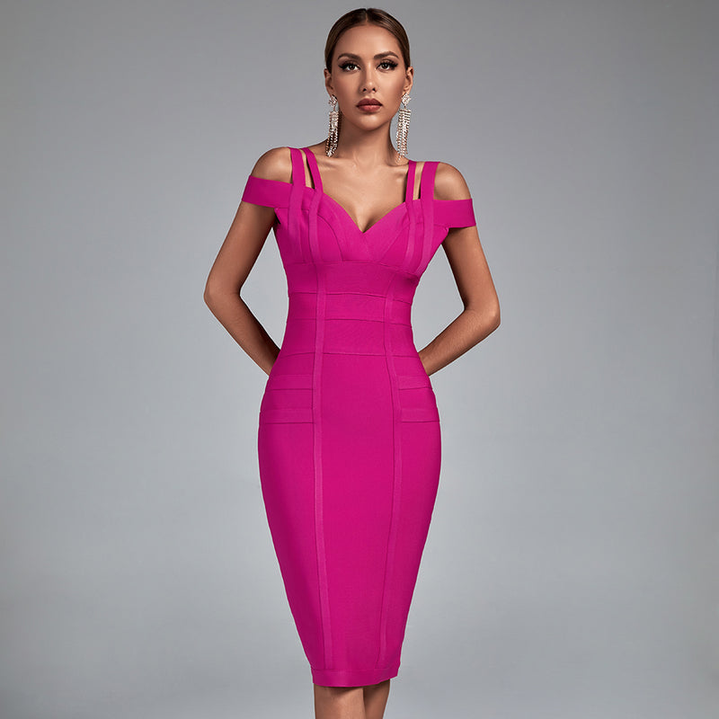 V Neck Short Sleeve Backless Midi Bandage Dress PPHK003
