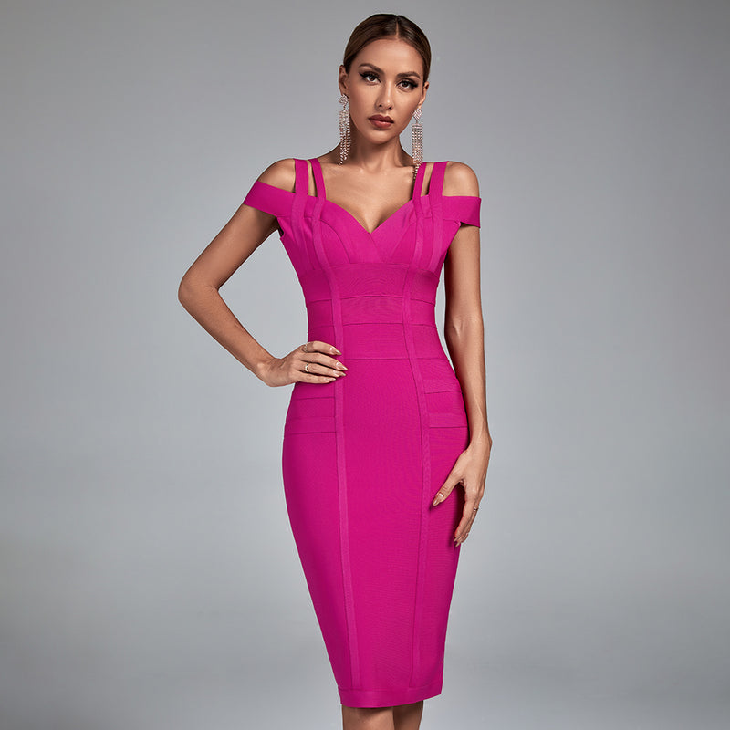 V Neck Short Sleeve Backless Midi Bandage Dress PPHK003