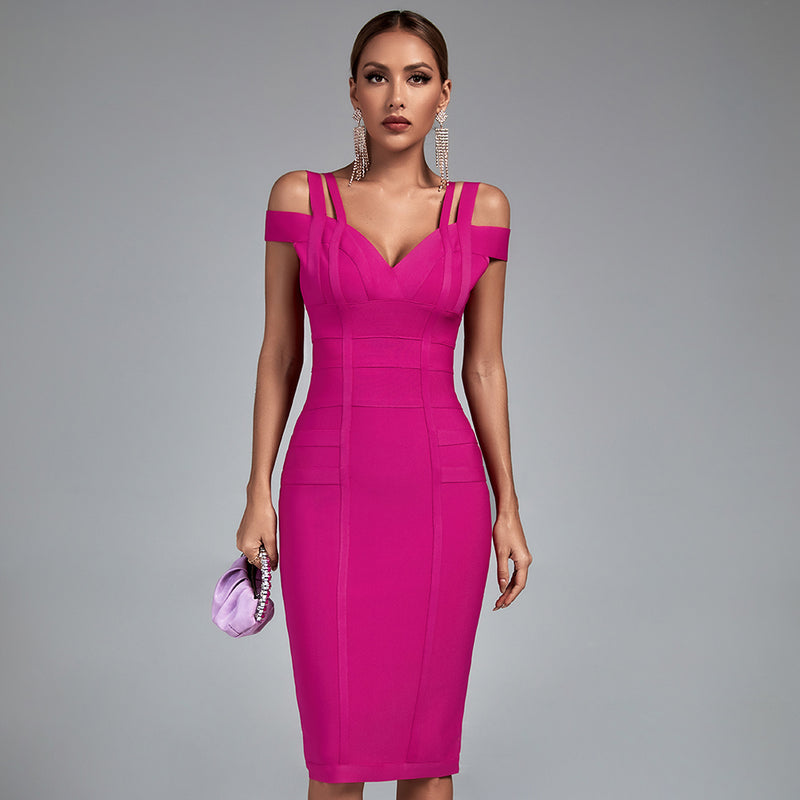 V Neck Short Sleeve Backless Midi Bandage Dress PPHK003
