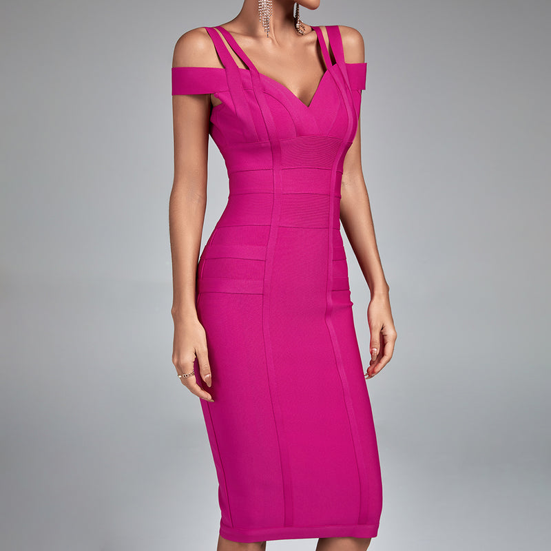 V Neck Short Sleeve Backless Midi Bandage Dress PPHK003