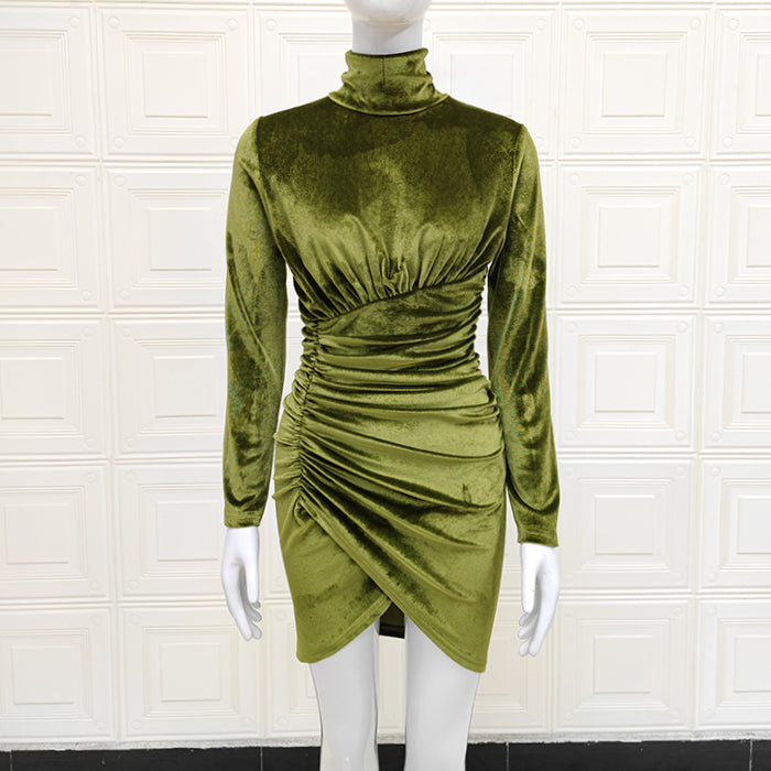 High Neck Long Sleeves Velvet Dress KLY418