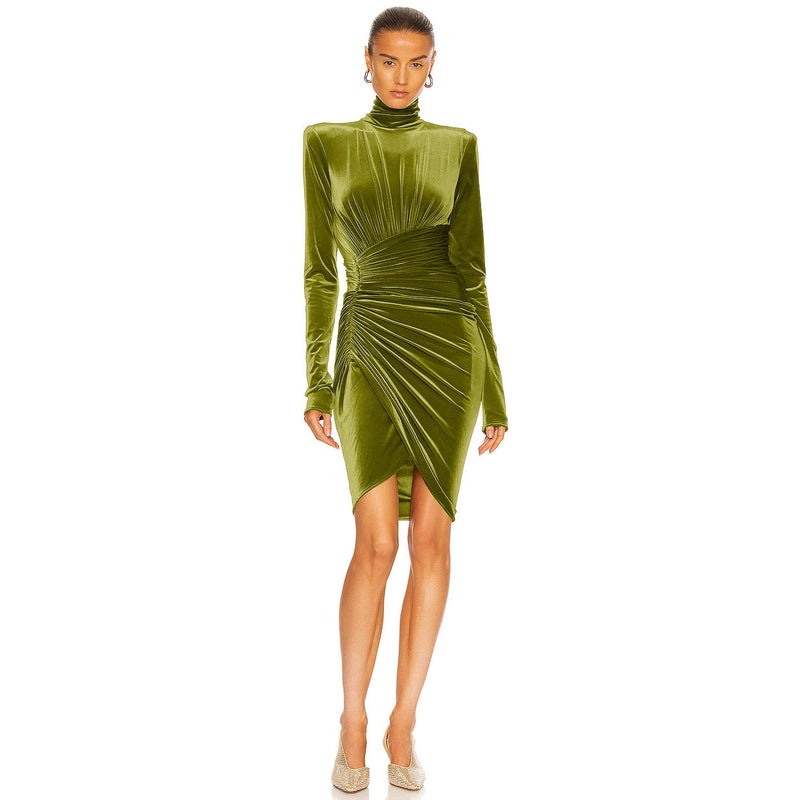 High Neck Long Sleeves Velvet Dress KLY418