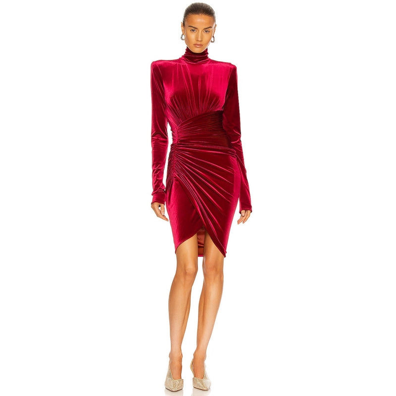 High Neck Long Sleeves Velvet Dress KLY418