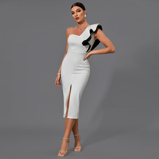 One Shoulder Sleeveless Frill Midi Bodycon Dress FF19410