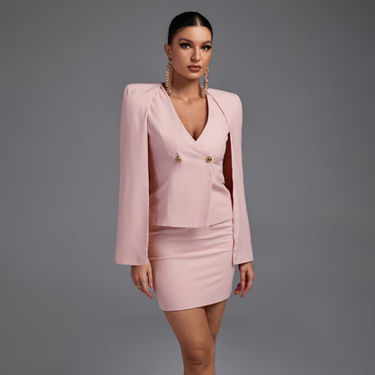 Pink V Neck Sleeveless 2 Piece Mini Bodycon Set FLY19190