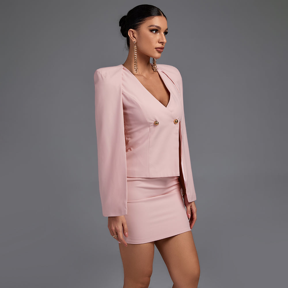 Pink V Neck Sleeveless 2 Piece Mini Bodycon Set FLY19190