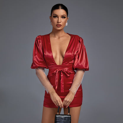 V Neck Studded Sleeve Mini Gravity Bodycon Dress FP19408