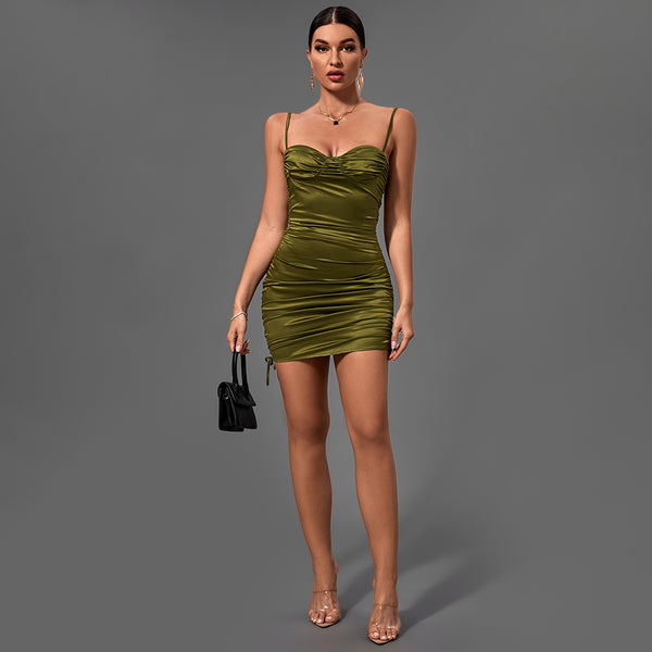 Green Strappy Sleeveless Wrinkled Mini Bodycon Dress FP21431