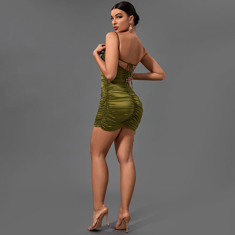 Green Strappy Sleeveless Wrinkled Mini Bodycon Dress FP21431