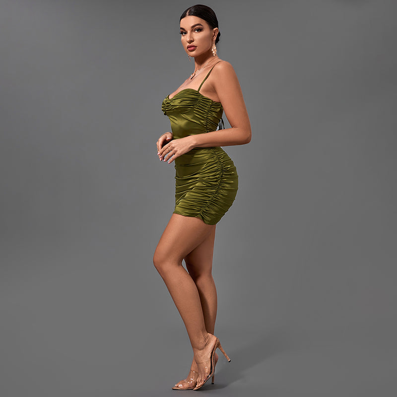 Green Strappy Sleeveless Wrinkled Mini Bodycon Dress FP21431