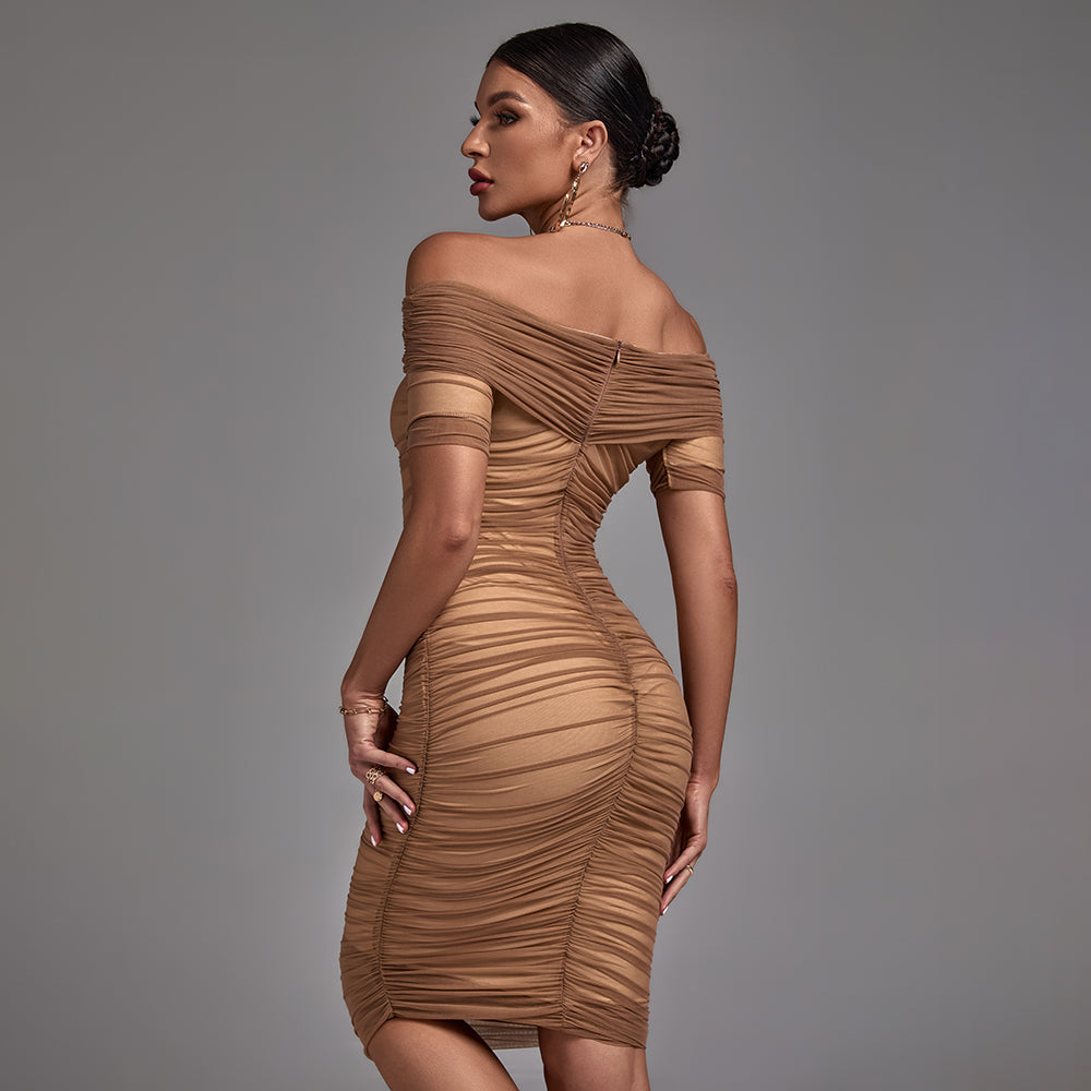 Off Shoulder Short Sleeve Ruched Midi Bodycon Dress FSP19055