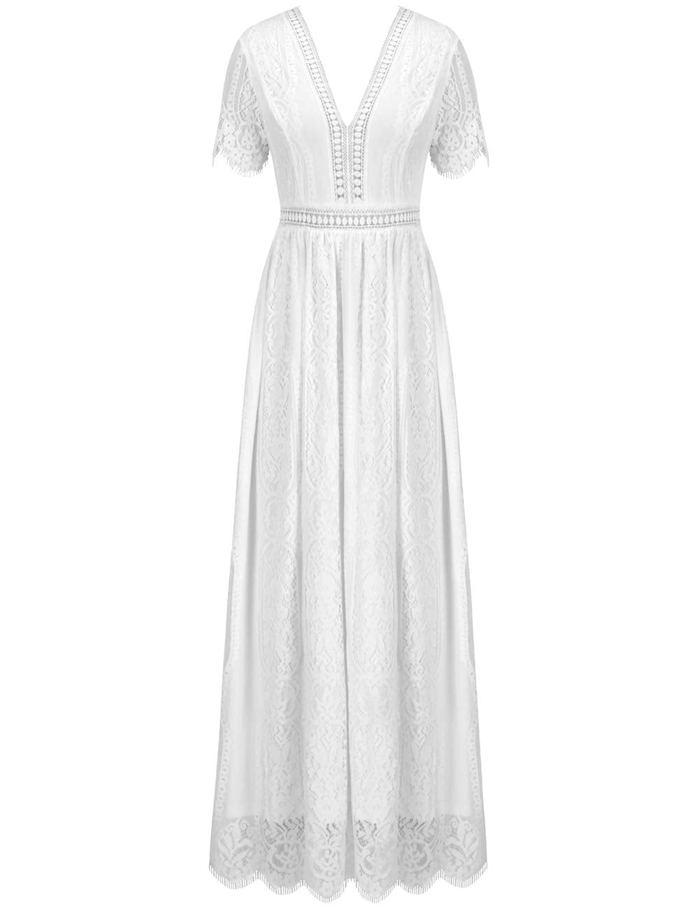 Deep V Neck Short Sleeve Floral Lace Bridesmaid Maxi Dress G4865