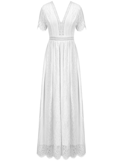 Deep V Neck Short Sleeve Floral Lace Bridesmaid Maxi Dress G4865