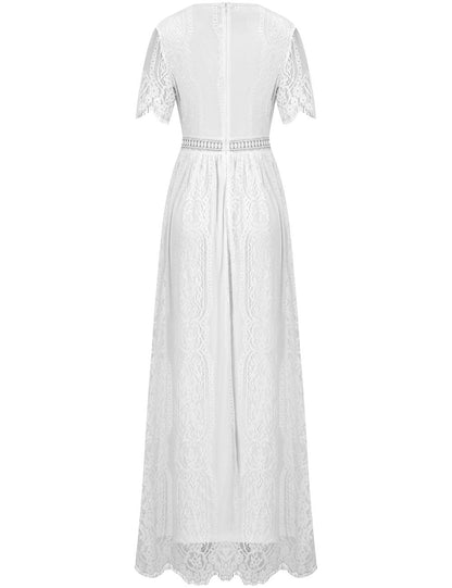 Deep V Neck Short Sleeve Floral Lace Bridesmaid Maxi Dress G4865