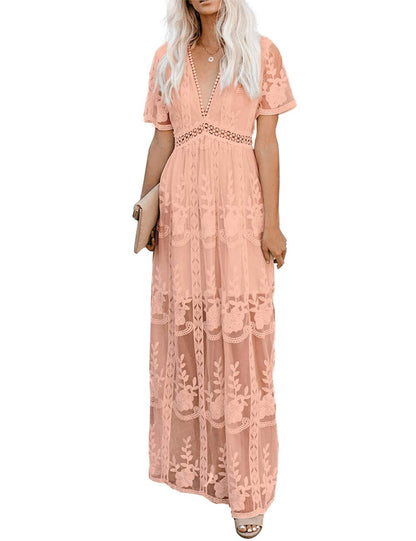 Deep V Neck Short Sleeve Floral Lace Bridesmaid Maxi Dress G4870