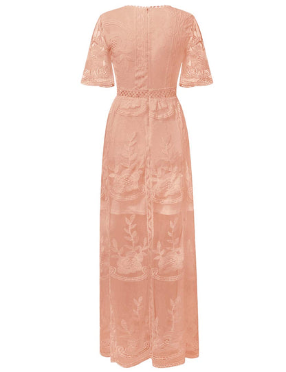 Deep V Neck Short Sleeve Floral Lace Bridesmaid Maxi Dress G4870