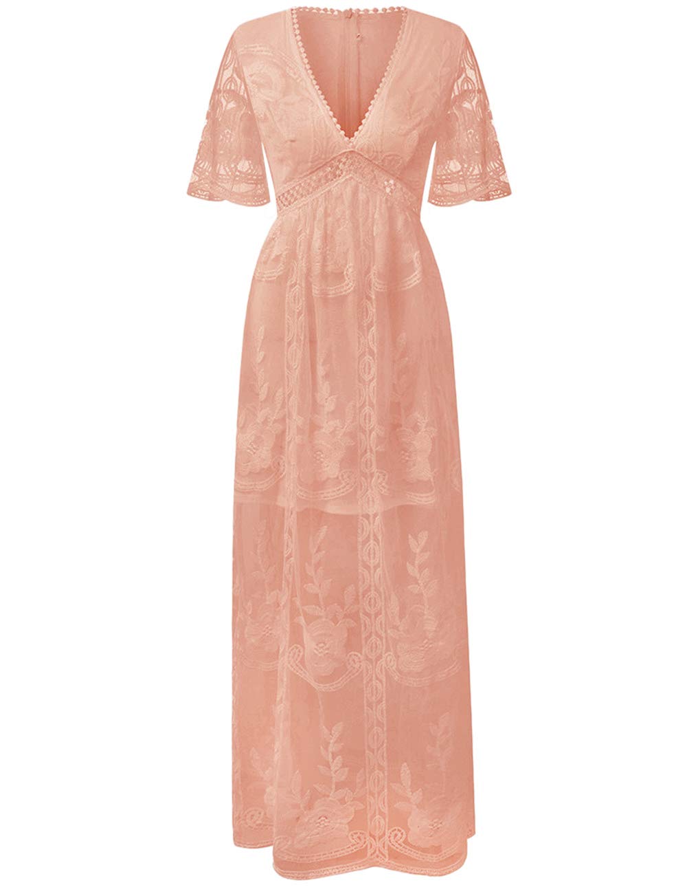 Deep V Neck Short Sleeve Floral Lace Bridesmaid Maxi Dress G4870