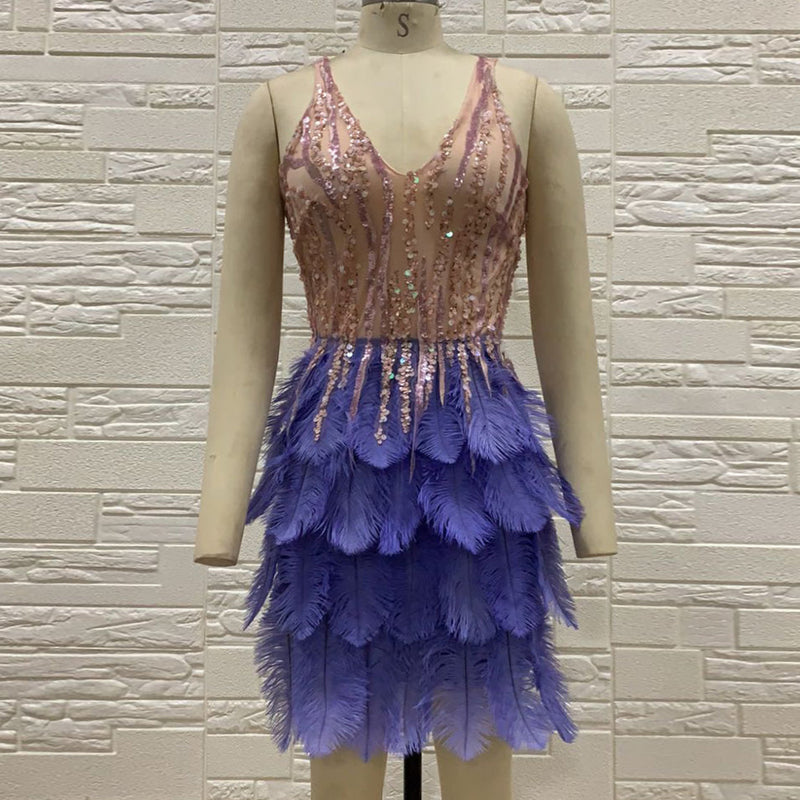 Sleeveless Sequins&Feather Mini Bandage Dress H0267