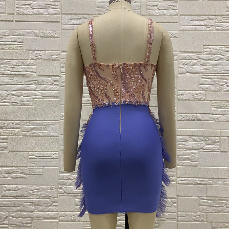 Sleeveless Sequins&Feather Mini Bandage Dress H0267