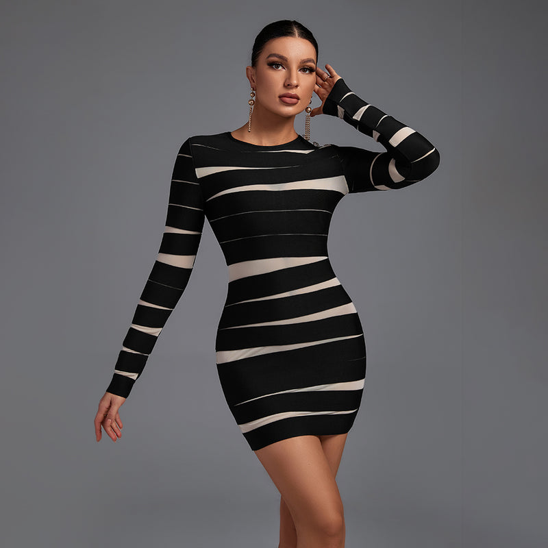 Round Neck Long Sleeve Mesh Mini Bandage Dress HB7132