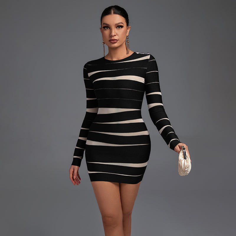 Round Neck Long Sleeve Mesh Mini Bandage Dress HB7132