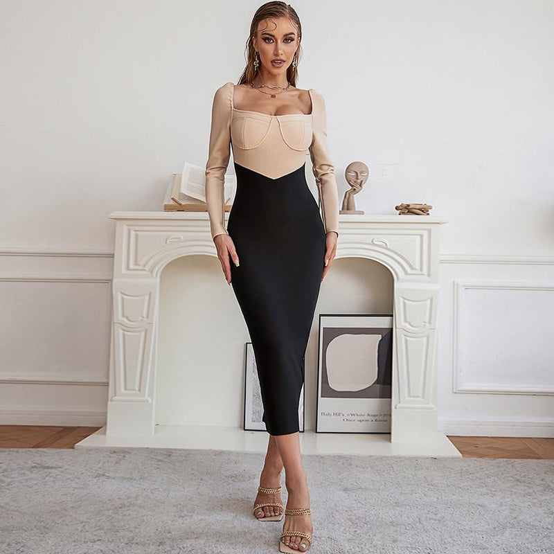 Square Collar Long Sleeve Splicing Midi Bandage Dress HB7912