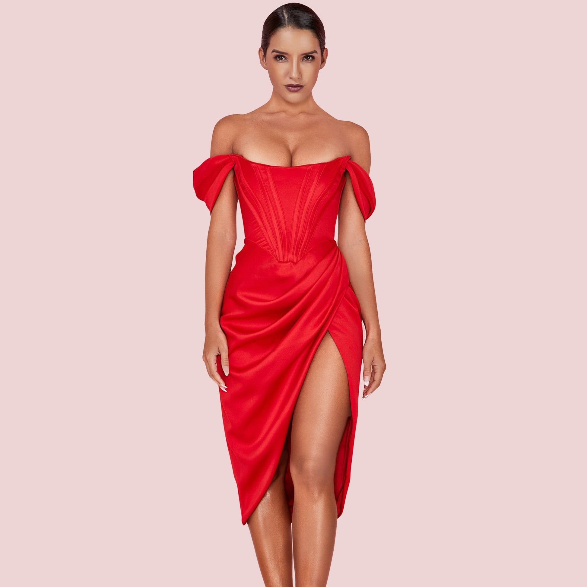 Off Shoulder Short Sleeve Wrinkled Over Knee Bodycon Dress HI1116 1 in wolddress